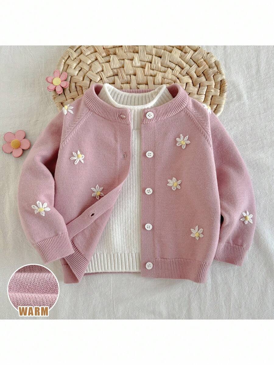 Loomiva Baby Girl Floral Print Round Neck Raglan Sleeve Cardigan Baby Girl Cute Sweater Jacket Flower Embroidered Baby Cardigan Baby Girl Clothes Spring Fall Pink Baby Girl Sweater Baby Girl Cardigan 100 Cotton Baby Girl Jacket Wildflower Baby Clothes - Pink - View 1
