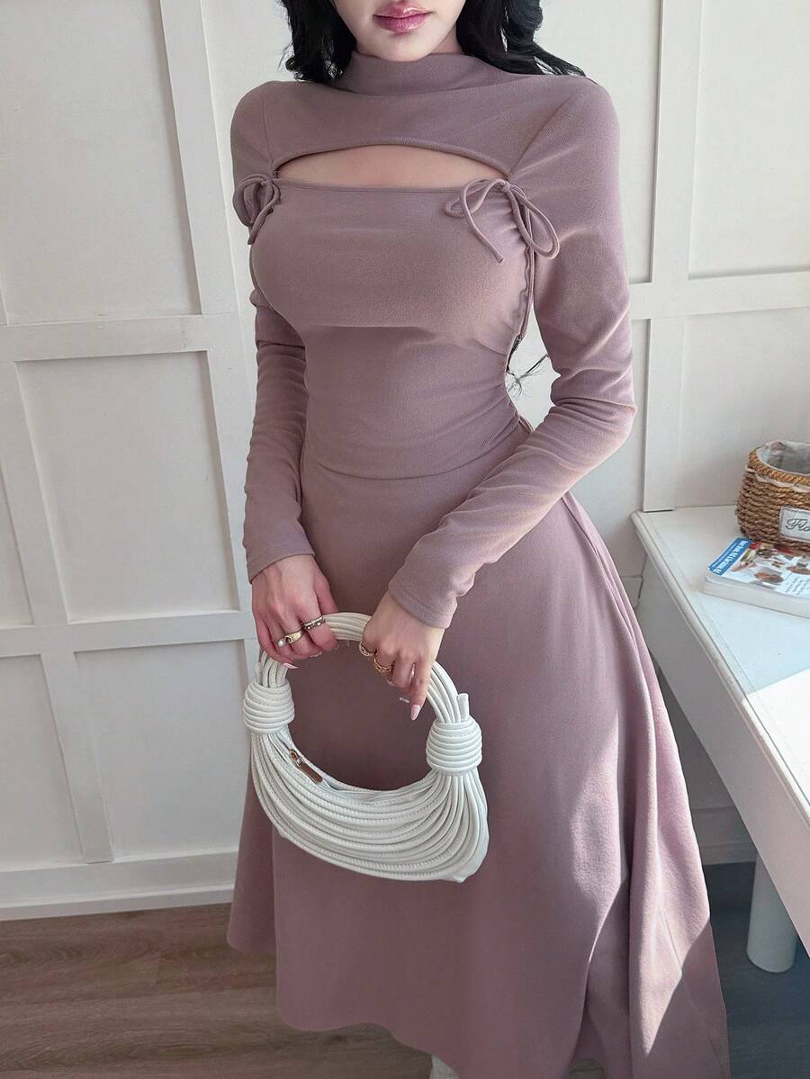 Feyla 女士纯色立领长袖镂空前系带优雅中长连衣裙 - 藕粉色 - 查看 1