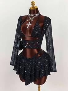 Y2K Amplova 2pcs/Set Sequin Detail Sexy Tight Fit Long Sleeve Crop Top & Tight Fit Inverted V Mini Skirt Star Dress Two Piece Outfit Sparkly Two Piece Set Y2k Women Two Piece Outfits Internet Celebrity Style Y2K Amplova Christmas Sequin New Year Thanksgiving Christmas Party - Black - View 4