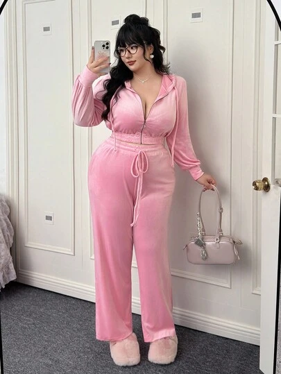 CovetEZ 2pcs Plus Size Track Suit Set - Pink Zip-Up Hoodie Sweatshirt & Drawstring Pants, Casual Sportswear 2 Pieces Sets Casual Pink Outfit,Fall Clothes