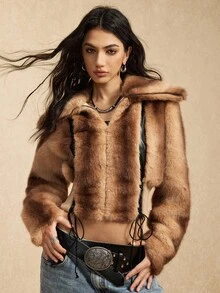 Easelle Vintage Nomadic Waist Zip Collar PU Patchwork Faux Fur Jacket For Women Autumn Winter Clothes For Women - Multicolor - View 4