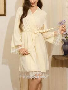 Côtesoire 女士法式优雅浪漫刺绣蕾丝拼接系带舒适睡袍，冬季 - 杏色 - 查看 6