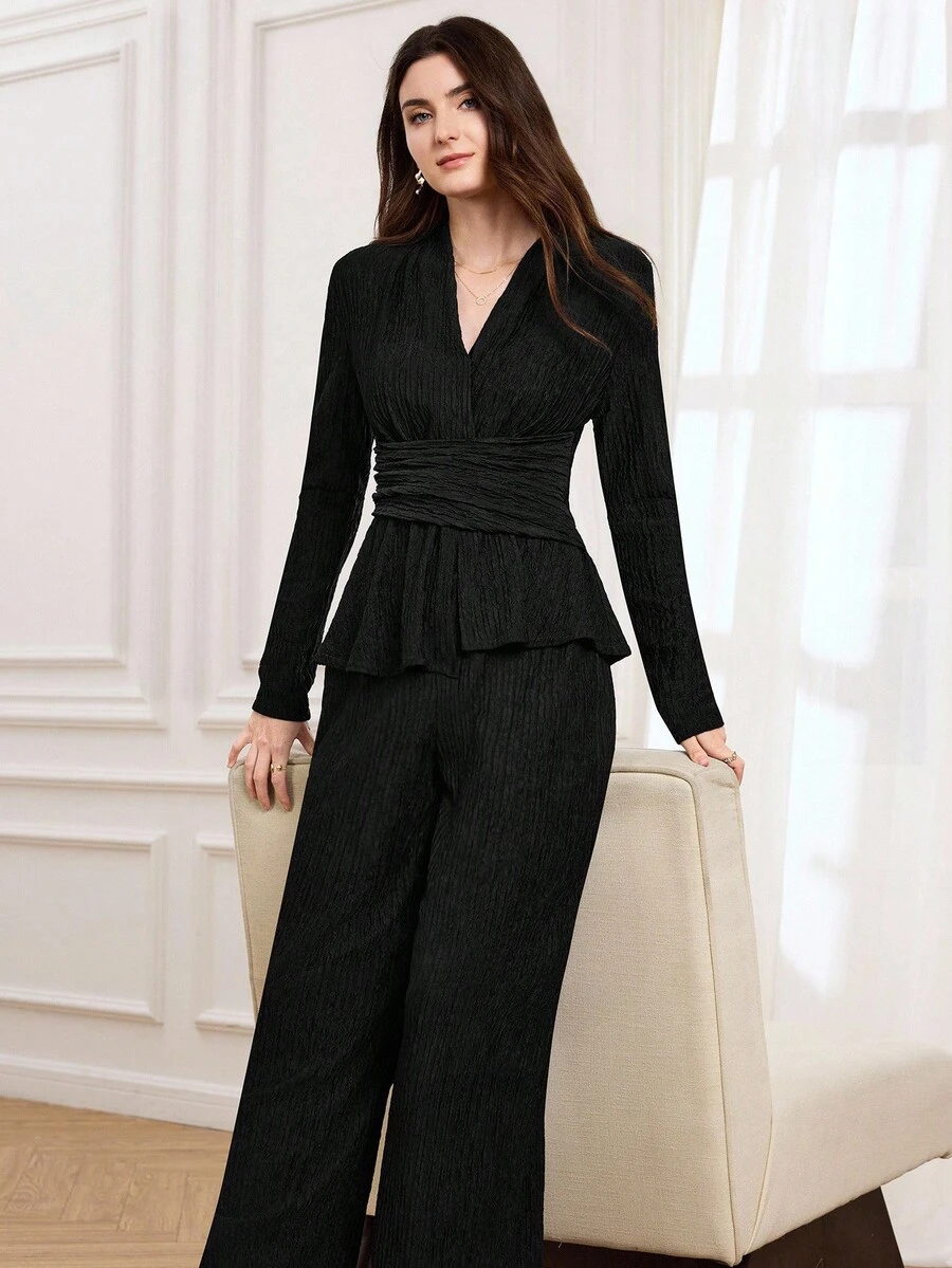 Miaspire Women's Solid Color Long Sleeve Ruched Waist Top And Wide Leg Pants Elegant 2 Pieces Set - Black - View 1