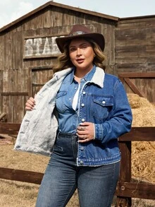 EMERY ROSE Plus Size Women Navy Blue Fleece Lined Casual Denim Jacket, Winter Women's Winter Jacket