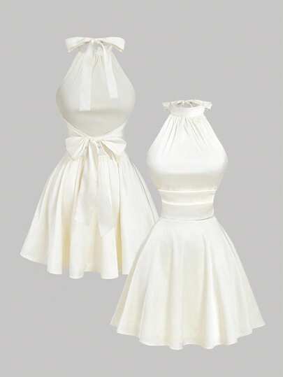 SHEIN MOD Vestido mini con espalda descubierta, retorcido y fruncido en unicolor para mujer, vestidos de otoño, Navidad, Año Nuevo, Acción de Gracias, vestidos elegantes para fiestas, vestidos de invitada de boda, vestidos de graduación, vestidos formales, vestidos de noche elegantes para boda