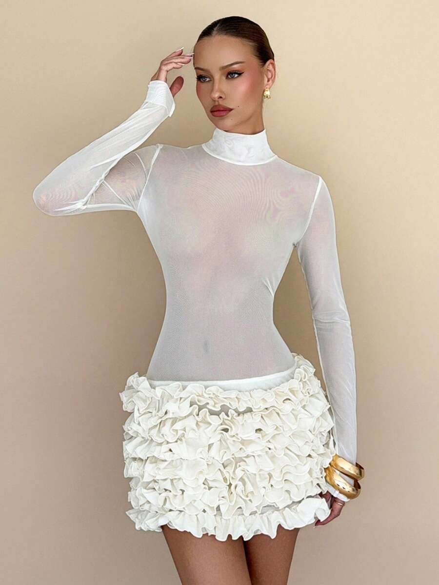 Rafferiza 性感小众设计3D花卉时尚透视修身紧身裙 - 杏色 - 查看 1