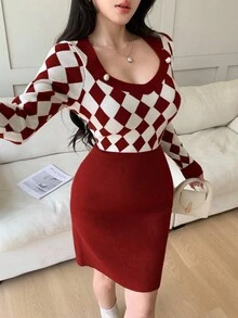 Modelyn Women's Rhombus Pattern Long Sleeve Fitted Elegant Knit Dress, Autumn/Winter - Red - View 2