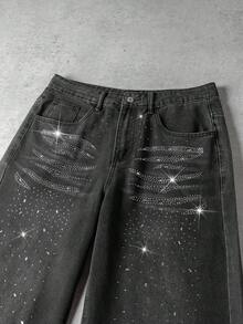Manfinity Denimwave Premium Quality Black Rhinestone Embellished Wide Leg Jeans Baggy Washed Black Party Street Diamond Starlight Denim For Y2K - Black - View 5