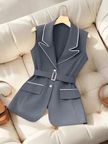 GlowEve CURVE Áo khoác blazer không tay dành cho nữ cỡ lớn, kiểu dáng thường ngày/công sở, cổ ve lật và thiết kế có thắt lưng. - Màu Xám nhạt - Xem 1