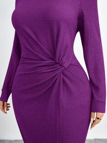 SHEIN Clasi Plus Size Solid Color Twist Knot Crew Neck Fitted Elegant Long Sleeve Dress/Fall/Winter - Purple - View 5