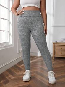 SHEIN LUNE 大码女式纯色高腰休闲紧身裤女式紧身裤灰色紧身裤健身服女式紧身裤 - 灰色 - 查看 5