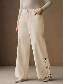 Anewsta Women's Fashionable Embroidered White Straight-Leg Pants - Beige - View 3