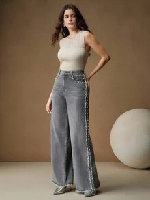 Anewsta Quần jean ống rộng rộng rãi họa tiết ngọc trai giả thời trang thường ngày cho nữ - Xám - Xem 7