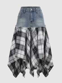 Girlism Teen Girl Blue Denim Patchwork Black & White Plaid Asymmetrical Midi Skirt,Fall Clothes,Winter Clothing ,Casual And Fashionable Vacation Outfits,2000s Style ,Halloween Denim Jeans ,Christmas
