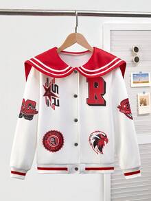 Girls' Knitted With Navy Collar,Christmas Letter Print,Button Front,Ribbed Cuffs & Hem,White,Autumn,Casual,School,Back-To-School Jacket Gifts - White - View 7