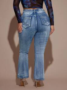 SHEIN BAE Quần jeans ống loe bó sát co giãn màu xanh cỡ lớn, mùa hè dành cho nữ, quần jeans mùa hè, quần Cottagecore, phong cách Old Money dành cho nữ, kỳ nghỉ, Gyaru, trang phục phương Tây dành cho nữ, quần jeans lễ Phục sinh, quần jeans hòa nhạc dành cho nữ, lễ hội Rave, quần jeans cạp cao, quần jeans họa tiết - Rửa trung bình - Xem 10