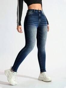 SHEIN ICON 女式高腰口袋紧身休闲百搭牛仔裤 - 深色水洗藍 - 查看 7