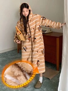 DAZY Women's Thick Fleece Hooded Robe With Puppy Striped Pattern, Winter Fluffy - Coffee Brown - View 1