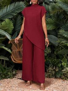 SHEIN Lady 女式纯色立领不对称下摆蝙蝠袖衬衫和阔腿裤休闲两件套 - 酒紅色 - 查看 6