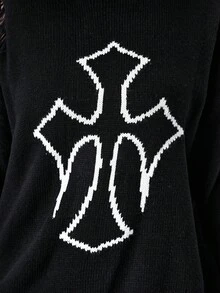 ROMWE Goth Suéter oversize con jacquard de cruz gótica desgastado - Negro - Ver 2