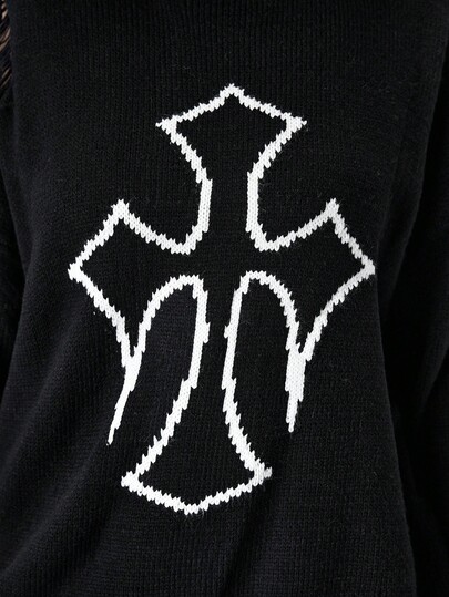 Goth Pull-shirt surdimensionné jacquard croix gothique délavé