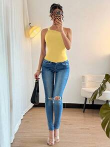 Rafferiza 女式黑色性感金属褶皱无袖紧身衣 - 淡黃色 - 查看 5