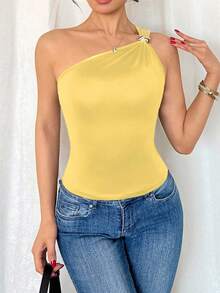 Rafferiza 女式黑色性感金属褶皱无袖紧身衣 - 淡黃色 - 查看 6