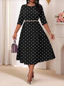 SHEIN Lady Plus Size Elegant Party Polka Dot Print Dress Black Polka Dot Dress Black And White Polka Dot Dress Church Dress For Women Polka Dot Dress Elegant Midi Dress Black And White Polkadot Dress Polka Dot Midi Dress Plus Size Polka Dot Print Black And White Round Neck Contrast Binding Split Midi Dress Three Quarter Length Sleeve Elegant Dress Black Skirt Plus Size Dress Women Cozy Fall And Winter Clothes For Women Thanksgiving Dress Black Dresses For Women Elegant Dresses For Women Casual Dresses For Women