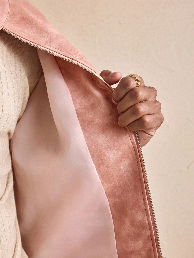 Men's Fashionable Commuter Pink PU Leather Jacket, Autumn/Winter, Christmas