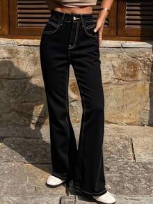 DAZY Quần jeans ống loe cạp cao dày dành cho nữ, quần jeans ống loe cạp trễ mới về mùa đông giúp thon gọn - màu đen - Xem 7