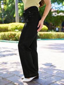 Andrea Bello 女式休闲前扣口袋阔腿牛仔裤 - 黑色 - 查看 3