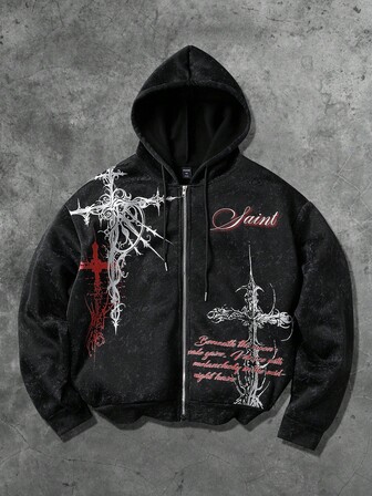 Street Life Men's Gothic Cross Print Zip-Up Hoodie, Suitable For Autumn/Winter