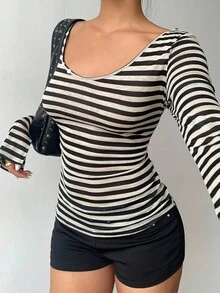 Aloruh 女士条纹印花V领休闲时尚长袖T恤，适合秋季返校、锐舞派对、乡村音乐会、伊比沙岛、纳什维尔等场合，西部风格，Y2K潮流辣妹风。 - 黑色 - 查看 5