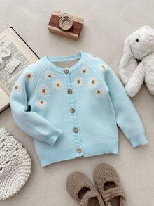 Blossori Young Girls' French Elegant Floral Pattern Front Button Knit Cardigan,Cozy Fall & Winter Styles, Children Cardigan, Kids Sweaters For Girls Button, Kids Cardigan, Blue Cardigan - Blue - View 7