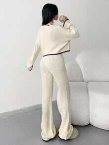 SHEIN 2 件青少年女孩休闲舒适毛衣和裤子套装，撞色装饰秋冬装 FGirlmen - 杏色 - 查看 6