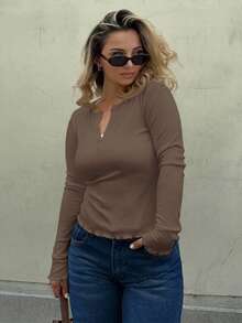 Jeta Ari Button Front Ribbed Knit Tee,Fall Clothes Long Sleeve Women Tops - Coffee Brown - View 6