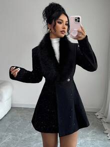 1件女士仿毛皮领收腰优雅奢华派对外套 - 黑色 - 查看 4