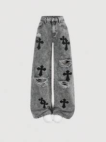 Girlism Teen Girl Y2k Cross Pattern Gray Distressed Loose Fit Jeans,Fall,Winter,Casual And Fashionable Vacation,Street Wear,2000s Style,Halloween Denim Jeans,Christmas, Denim Baggy, Loose Jeans - Light Grey - View 5