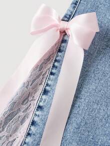 Girlism Pantalones acampanados de mezclilla azul con estiramiento, con acento de lazo de cinta de encaje rosa para adolescentes