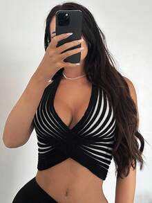 SHEIN SXY Sexy Casual Elegant Black And White Striped Cropped Knitted Top For Women,Halter Tops