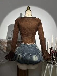 SHEIN Unity 露肩蕾丝长袖修身女式衬衫 - 棕色 - 查看 3