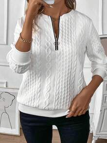 EMERY ROSE New Plus Size Women Casual Zipper Collar Jacquard Knit Sweatshirt - White - View 5