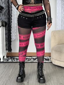 Whyspr Plus Size English Letter Print Patchwork Leggings