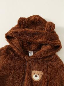 SHEIN Newborn Baby Unisex Cute Brown Cartoon Bear Hooded Jumpsuit, Autumn/Winter Baby Clothes - Multicolor - View 3
