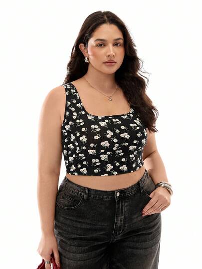 Plus Cottagecore Daisy Floral Crop Tank Top