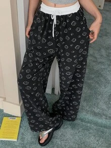 DAZY Women's Plush Fabric Cute Bear Pattern Contrast Waistband Loose Pajama Bottoms, Autumn/Winter - Black - View 1