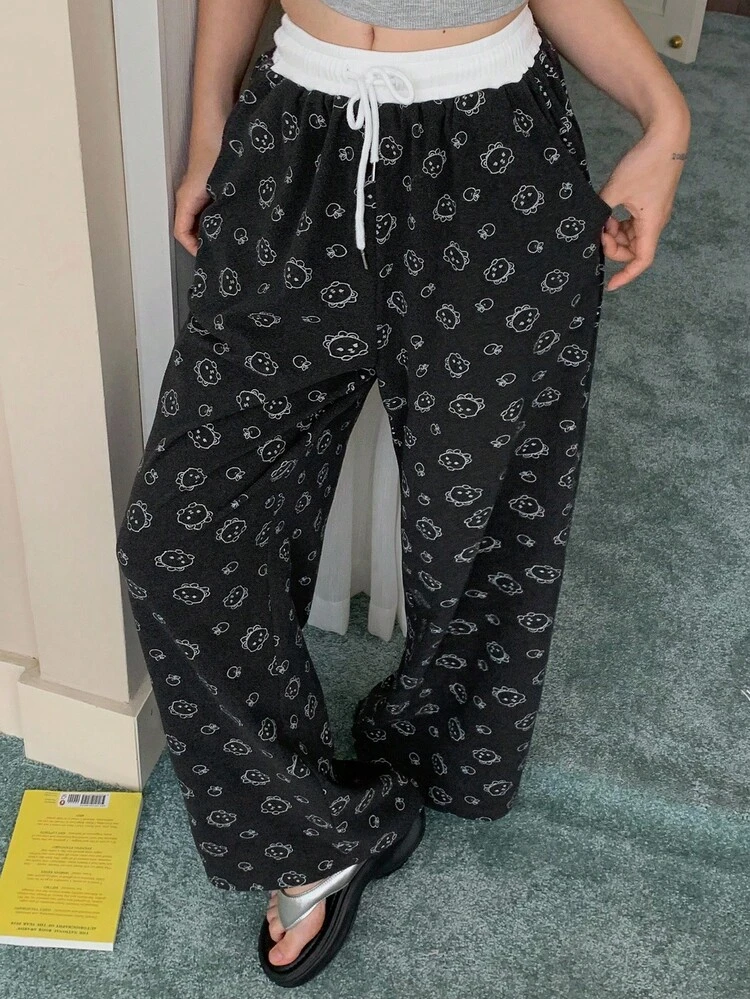 Women's Plush Fabric Cute Bear Pattern Contrast Waistband Loose Pajama Bottoms, Autumn/Winter