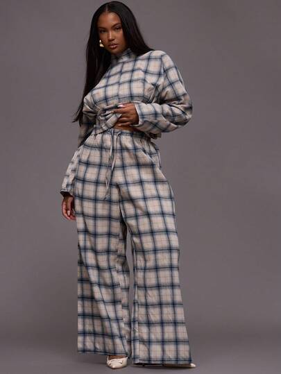MUSERA Plus Checkered Straight Leg Tie Waist Trousers Everyday Casual Cool Girl Streetwear Uncut
