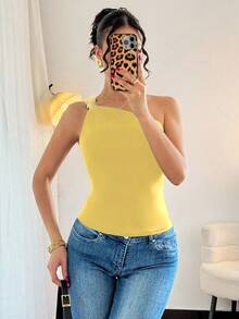 Rafferiza 女式黑色性感金属褶皱无袖紧身衣 - 淡黃色 - 查看 3