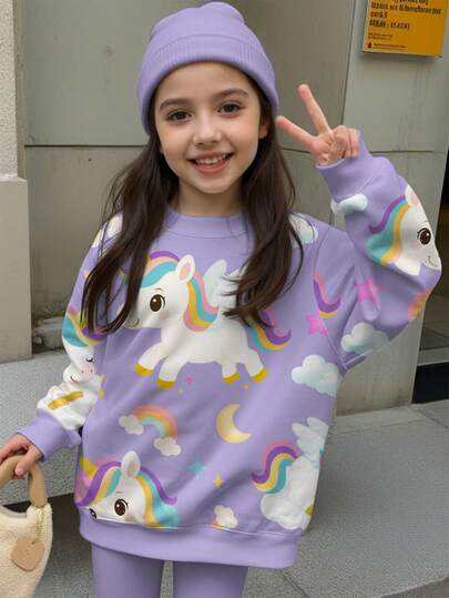SHEIN Happikins Young Girls Casual Cute Cartoon Rainbow Unicorn Print Loose Fit Crew Neck Comfortable Everyday Knit Long Sleeve Sweatshirt, Suitable For Autumn/Winter
